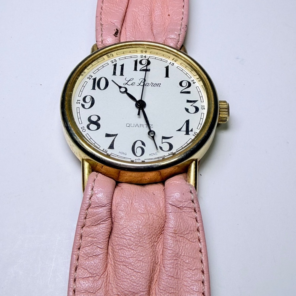 Le Baron Vintage Pink Leather Cuff Watch Gold Tone Quartz Analog Round Face